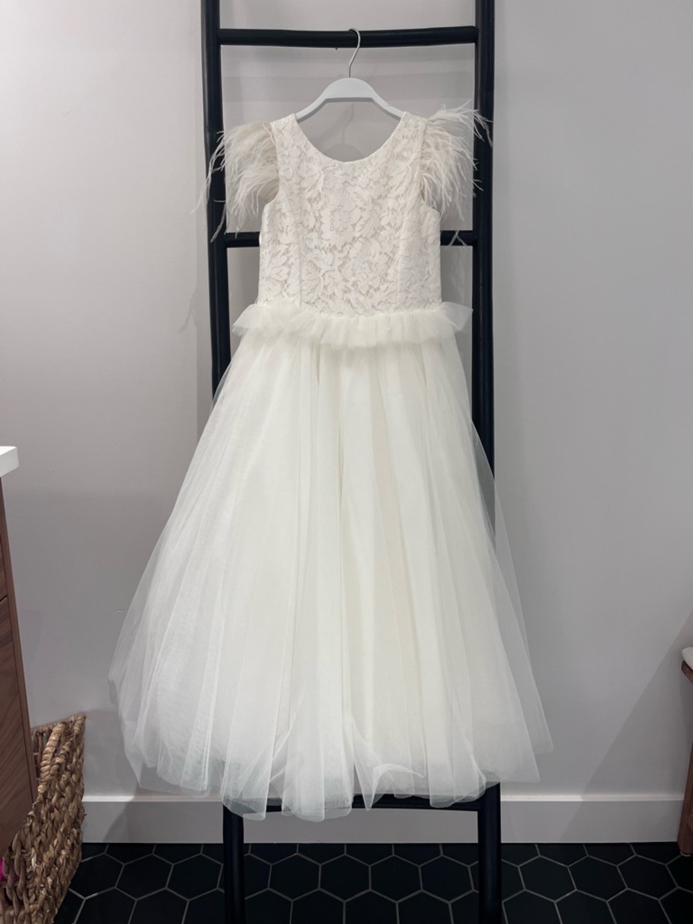 Ivory Lace & Tulle Communion Dress with Feather Cap Sleeves from Hunter & Shaye